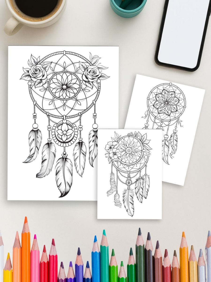 Coloring Page Store Dreamcatchers in Bloom – 50 Floral Dream Designs
