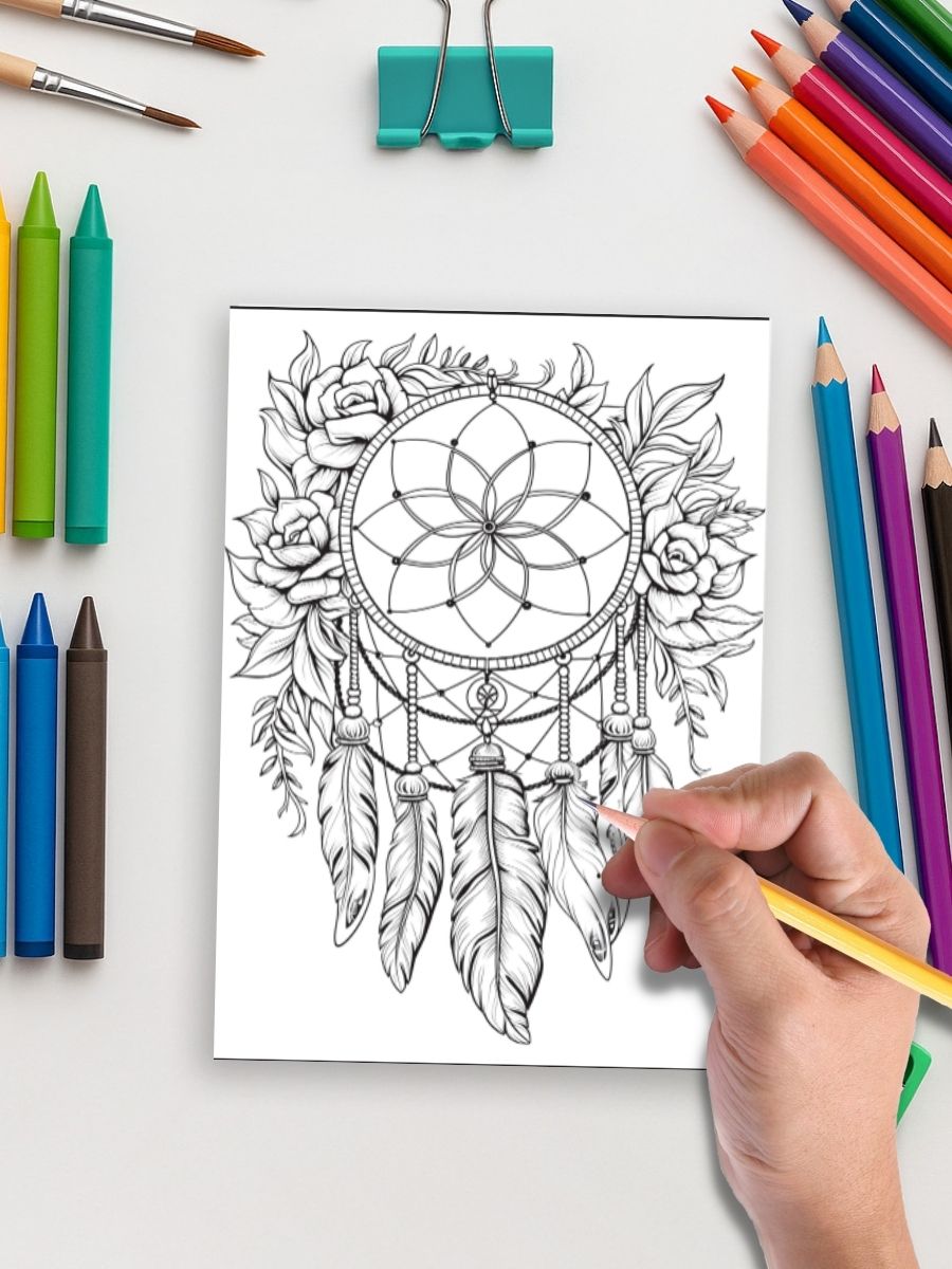 Coloring Page Store Dreamcatchers in Bloom – 50 Floral Dream Designs