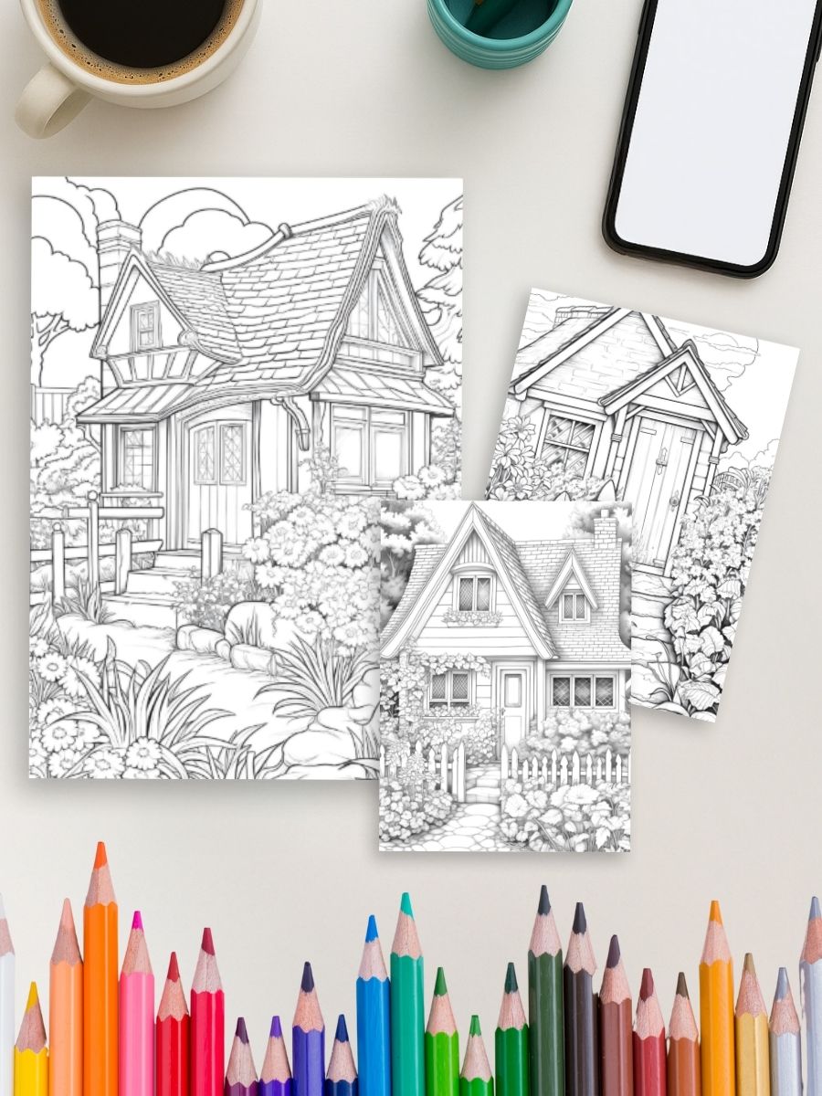 Coloring Page Store Cottage Garden Charm – 175 Cozy Flower Cottage Scenes