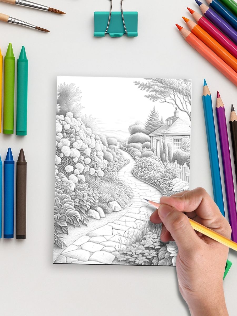 Coloring Page Store Pathways of the Garden – 25 Scenic Coloring Pages