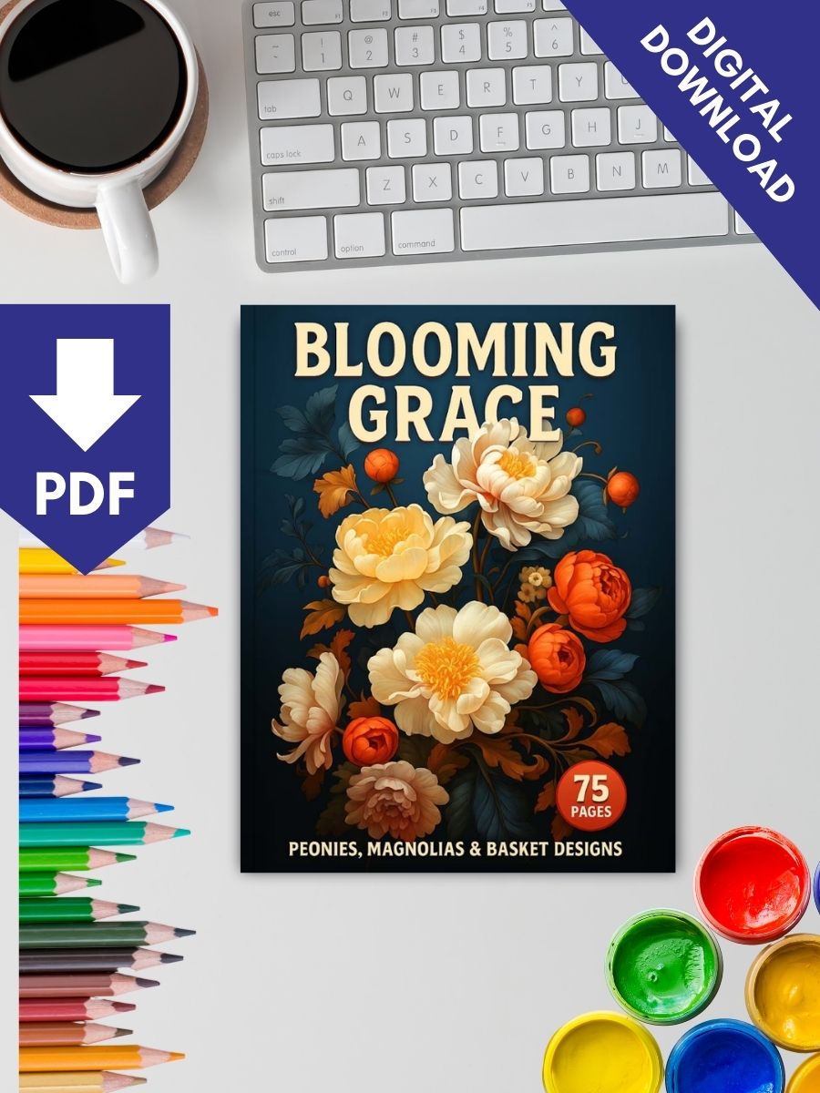 Coloring Page Store Blooming Grace – 75 Peonies, Magnolias & Basket Designs