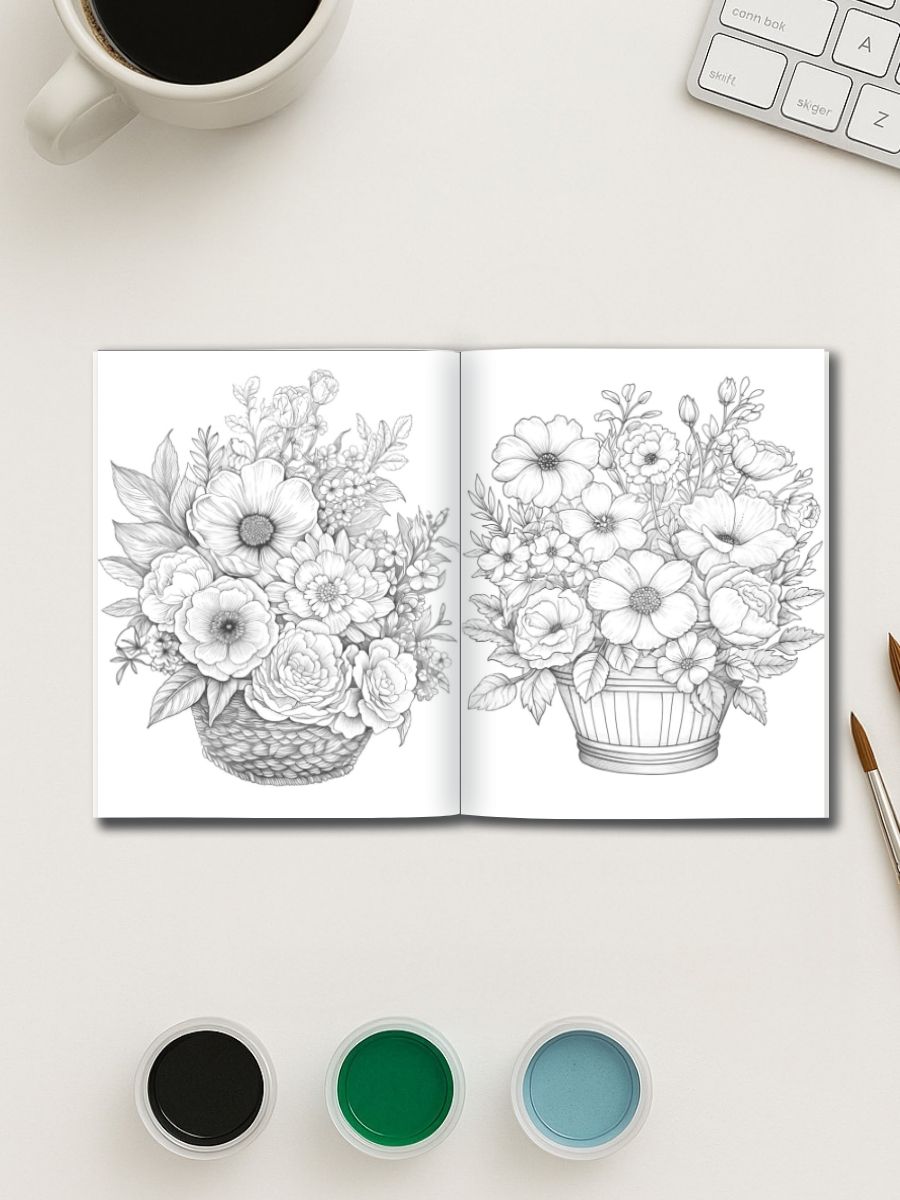 Coloring Page Store Blooming Grace – 75 Peonies, Magnolias & Basket Designs